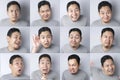 Funny Asian male with various face expressions, happy, smile, laugh, angry, hurt, crying