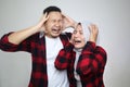 Funny Asian Muslim Couple, Husband And Wife Crying Together, Sad Hopeless Expression