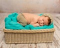 Funny asleep newborn baby in wicker cot Royalty Free Stock Photo