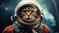 funny astronaut cat in space suit, fun kitty in spacesuit flying in cosmos