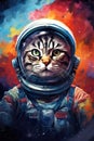 funny astronaut cat in space suit, fun kitty in spacesuit flying in cosmos