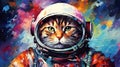 funny astronaut cat in space suit, fun kitty in spacesuit flying in cosmos