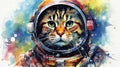 funny astronaut cat in space suit, fun kitty in spacesuit flying in cosmos