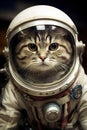 funny astronaut cat in space suit, fun kitty in spacesuit flying in cosmos