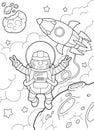 Funny astronaut flies in space, coloring book, cute illustration