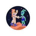 Funny astronaut and space alien shaking hands flat vector illustration isolated.