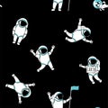 Funny astronaut spaceman characters exploring outer space seamless background pattern