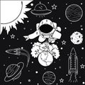 Funny astronaut watering the trees he has grown on earth to save the world, for design element and coloring book page for kids and
