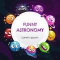Funny astronomy childish page design. Vector cartoon comic planets set. Royalty Free Stock Photo