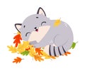 Funny Autumn Grey Cat Cuddle in Foliage Vector Illustration Royalty Free Stock Photo