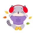 Funny Autumn Grey Cat Wear Sweater and Earmuffs Vector Illustration