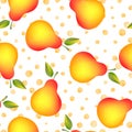 Funny autumn illustration with colorful pears. Seamlees pattern with cute fruits on white polka dots background. Food