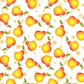 Funny autumn illustration with colorful pears. Seamlees pattern with cute fruits on white polka dots background. Food