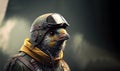 Funny aviator animal. Bird with glasses and helmet on a dark background