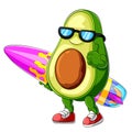 Funny avocado cartoon surfing
