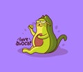 The funny avocado cat is eating. Cartoonish character