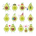 Funny avocado characters with different emotions set