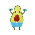 Funny avocado exercising with dumbbells, sportive fruit cartoon character doing fitness exercise vector Illustration on