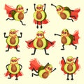 Funny Avocado Wearing Superhero Red Cloak Running and Flying Vector Set