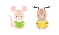 Funny Baby Animals Reading Books Set, Adorable Little Mouse and Deer Sitting and Learning, Kids Education Concept Royalty Free Stock Photo