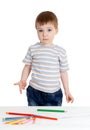 Funny baby boy drawing with color pencils Royalty Free Stock Photo