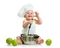 Funny baby boy with healthy food green apples Royalty Free Stock Photo