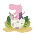 Funny baby dinosaur in an egg shell. A dinosaur hatches from an egg. pink baby dragon