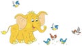 Funny baby elephant and merry small birds Royalty Free Stock Photo