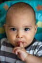 Funny baby with a finger in his mouth. Cute infant in baby chair Royalty Free Stock Photo