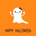 Funny baby girl ghost with black bow. Smiling face. Happy Halloween. Greeting card. Cute cartoon character. Scary spirit. Kids col