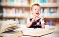 Funny baby girl in glasses reading a book in a library Royalty Free Stock Photo