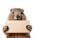 Funny baby groundhog holding a blank poster. Copy space for your text