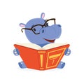 Funny baby hippo character wearing glasses sitting and reading a book, cute behemoth African animal vector Illustration