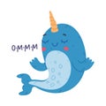 Funny baby narwhal meditating. Cute relaxed sea mammal animal cartoon character vector illustration