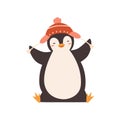 Funny baby penguin enjoying winter season vector flat illustration. Happy polar bird wearing chullo hat with pompom