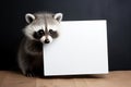 Funny baby raccon holding a blank poster. Copy space for your text