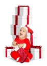 Funny Baby Santa Claus With Christmas Gifts On White