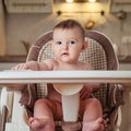 Funny baby sitting on a high chair waiting for feeding , home kitchen background Royalty Free Stock Photo