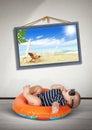 Funny baby on swimming circle at home, as on the beach. Vacation Royalty Free Stock Photo