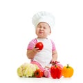 Funny baby weared as cook with vegetables
