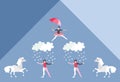 Funny ballet dancers, clouds, rain from little hearts and cute cartoon horses isolated on blue background. Space for text.