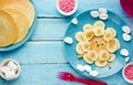 Funny banana pancakes for kids breakfast Royalty Free Stock Photo