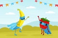 Funny Banana and Strawberry Hero in Mask and Cloak Standing on Green Lawn Vector Illustration