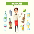 Funny bartender, cute character. Vector cartoon illustration