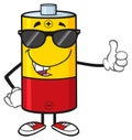 Funny Battery Cartoon Mascot Character With Sunglasses Giving A Thumb Up.