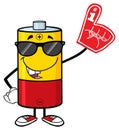 Funny Battery Cartoon Mascot Character With Sunglasses Wearing A Foam Finger