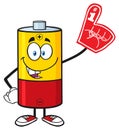 Funny Battery Cartoon Mascot Character Wearing A Foam Finger