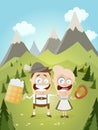 Funny Bavarian couple with beer and pretzel Royalty Free Stock Photo