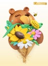 Funny bear with bouquet of wildflowers. vector plasticine art object