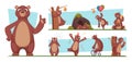 Funny bear. Brown wild animal with honey bear standing jumping cartoon poses exact vector illustrations set